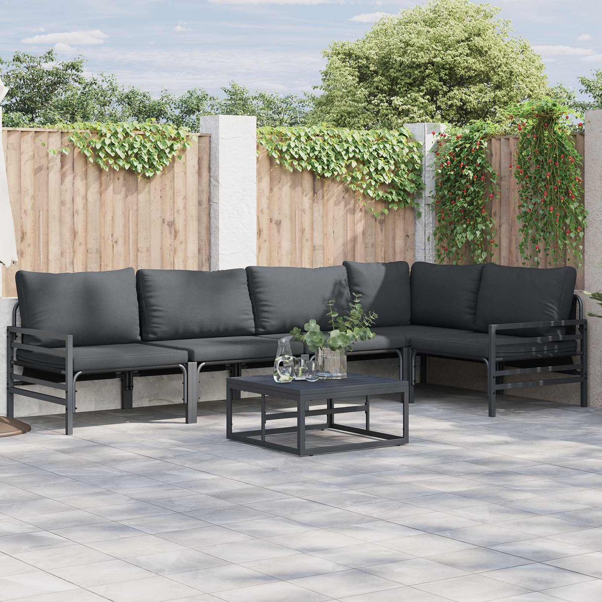 Garden Sofa Set with Cushion 6 pcs Black Steel