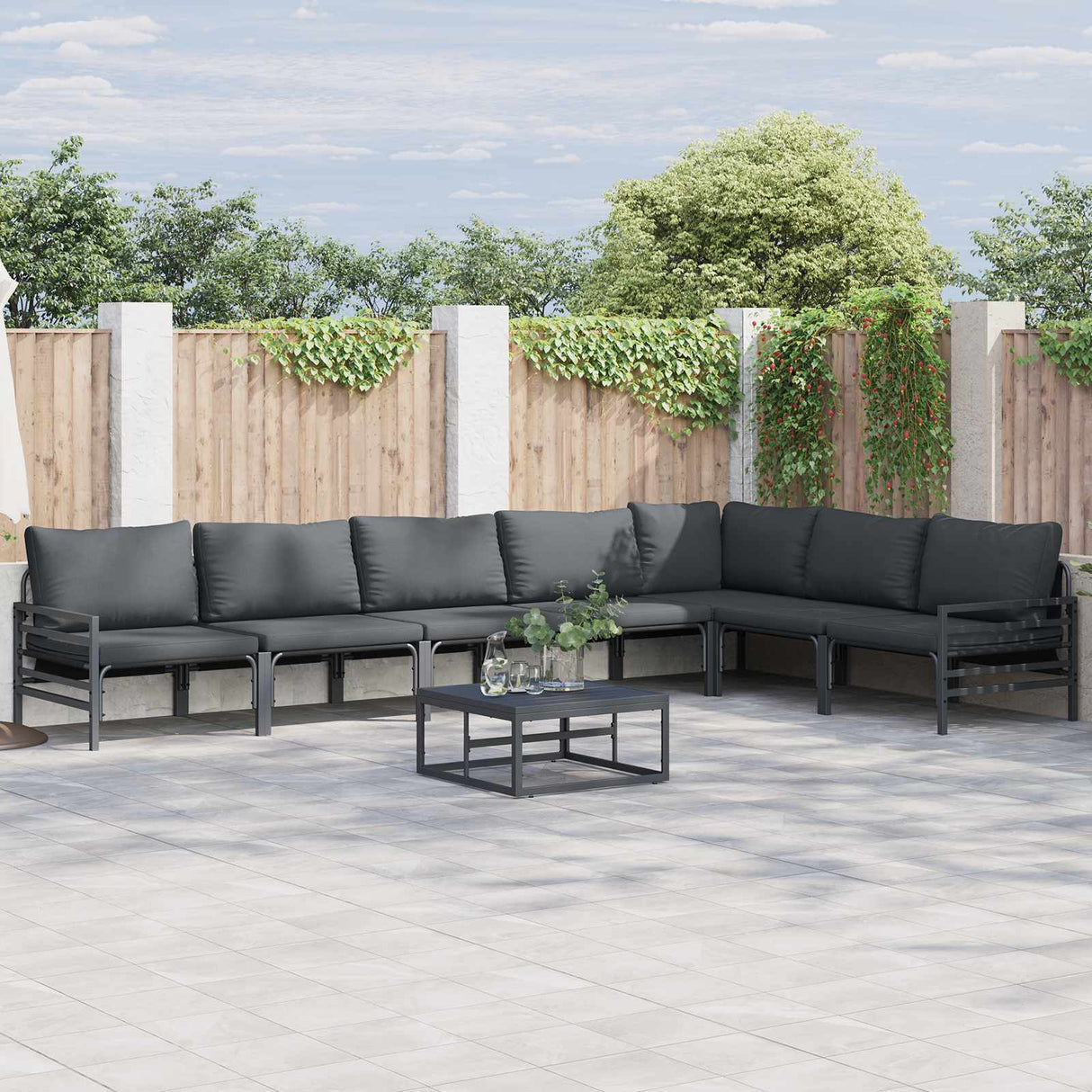 Garden Sofa Set with Cushion 7 pcs Black Steel