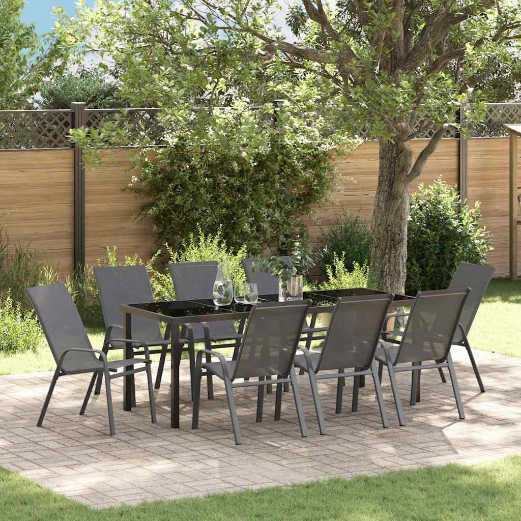 Garden Dining Set 9 pcs Grey and Black Powder-coated Steel
