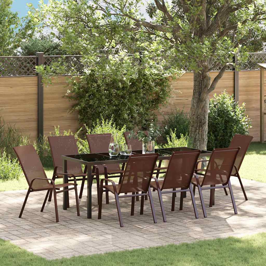 Garden Dining Set 9 pcs Brown and Black Powder-coated Steel