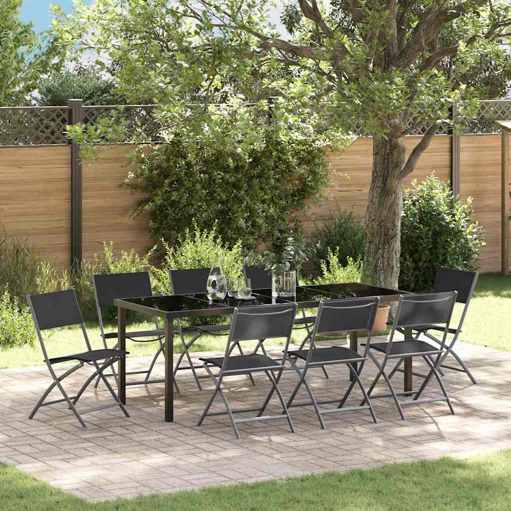 Garden Dining Set Folding 9 pcs Black Powder-Coated Steel