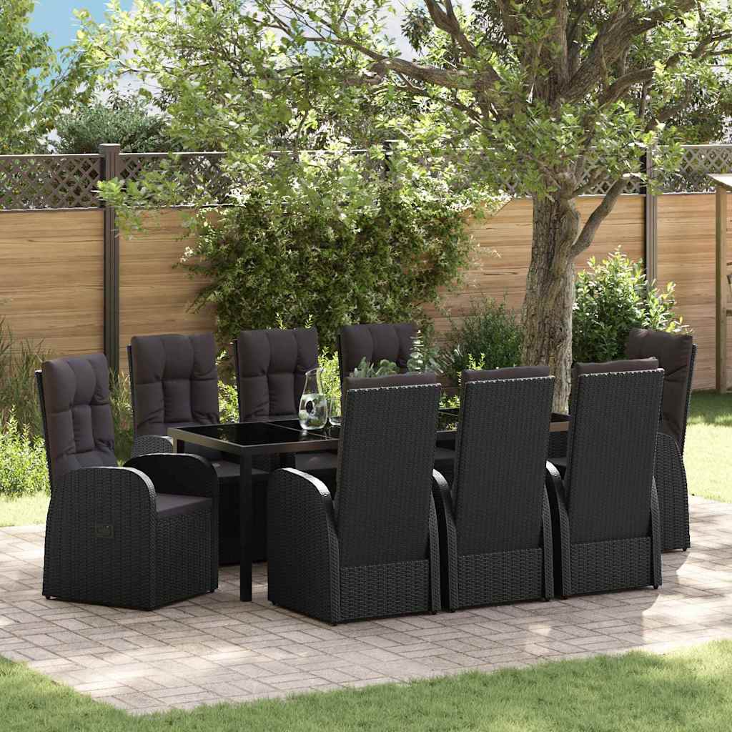 Garden Dining Set with Cushion 9 pcs Black Poly Rattan