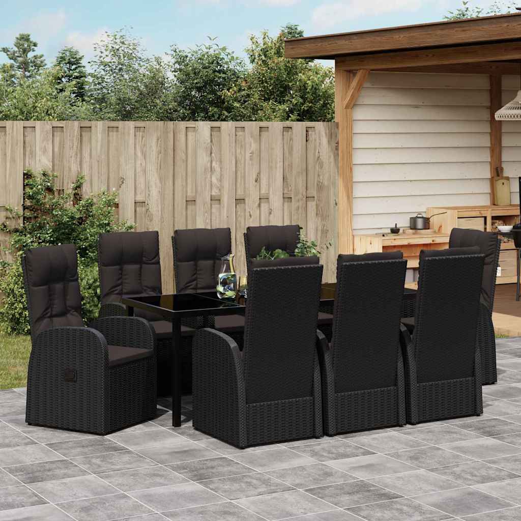 Garden Dining Set with Cushion 9 pcs Black Poly Rattan