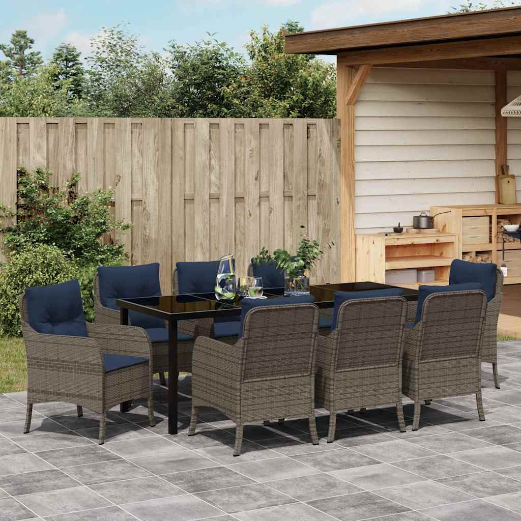 Garden Dining Set with Cushion 9 pcs Grey Poly Rattan