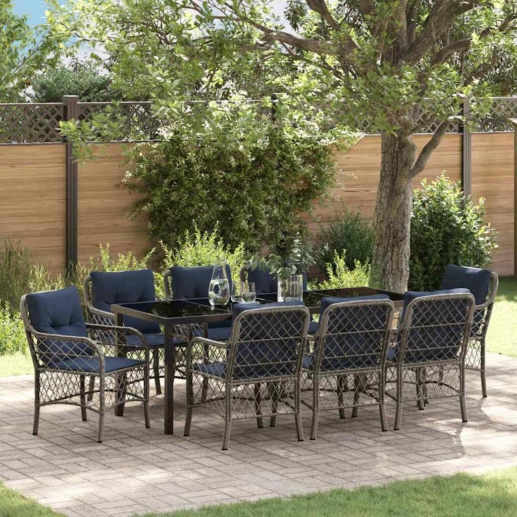 Garden Dining Set with Cushion 9 pcs Grey and Black Rattan