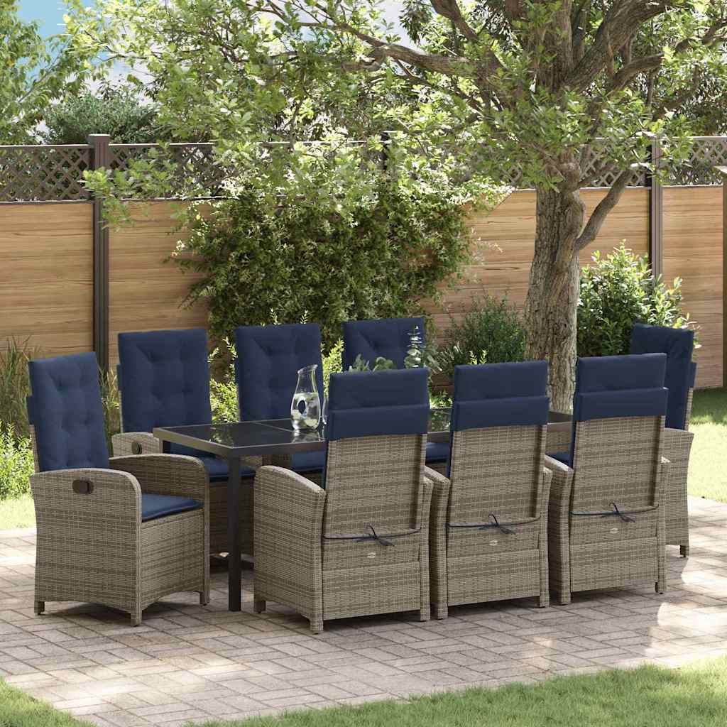 Garden Dining Set with Cushion 9 pcs Grey Poly Rattan