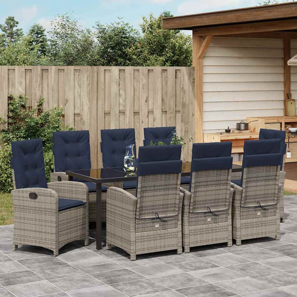 Garden Dining Set with Cushion 9 pcs Grey Poly Rattan