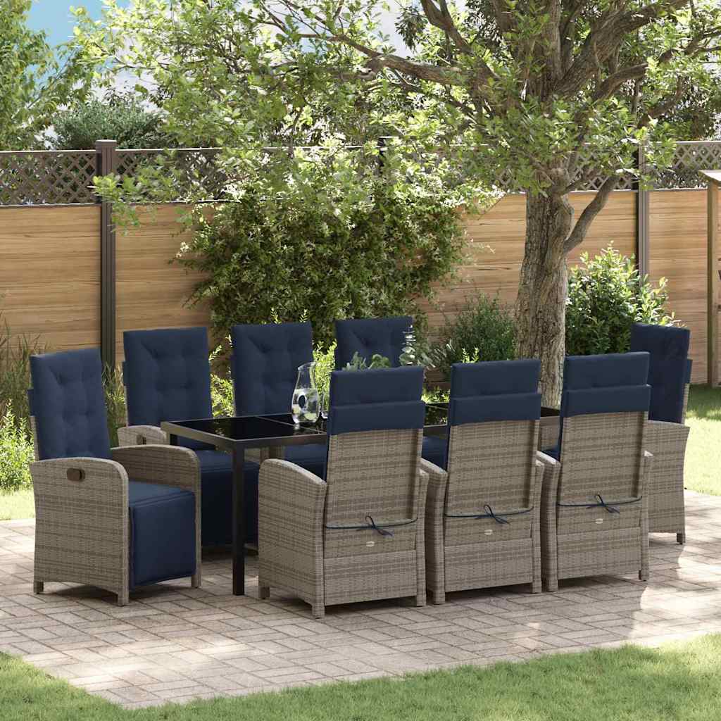Garden Dining Set with Cushion 9 pcs Grey Poly Rattan