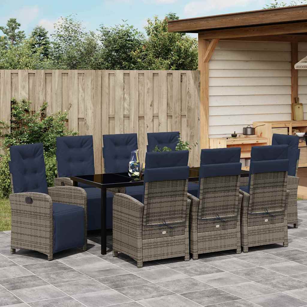 Garden Dining Set with Cushion 9 pcs Grey Poly Rattan