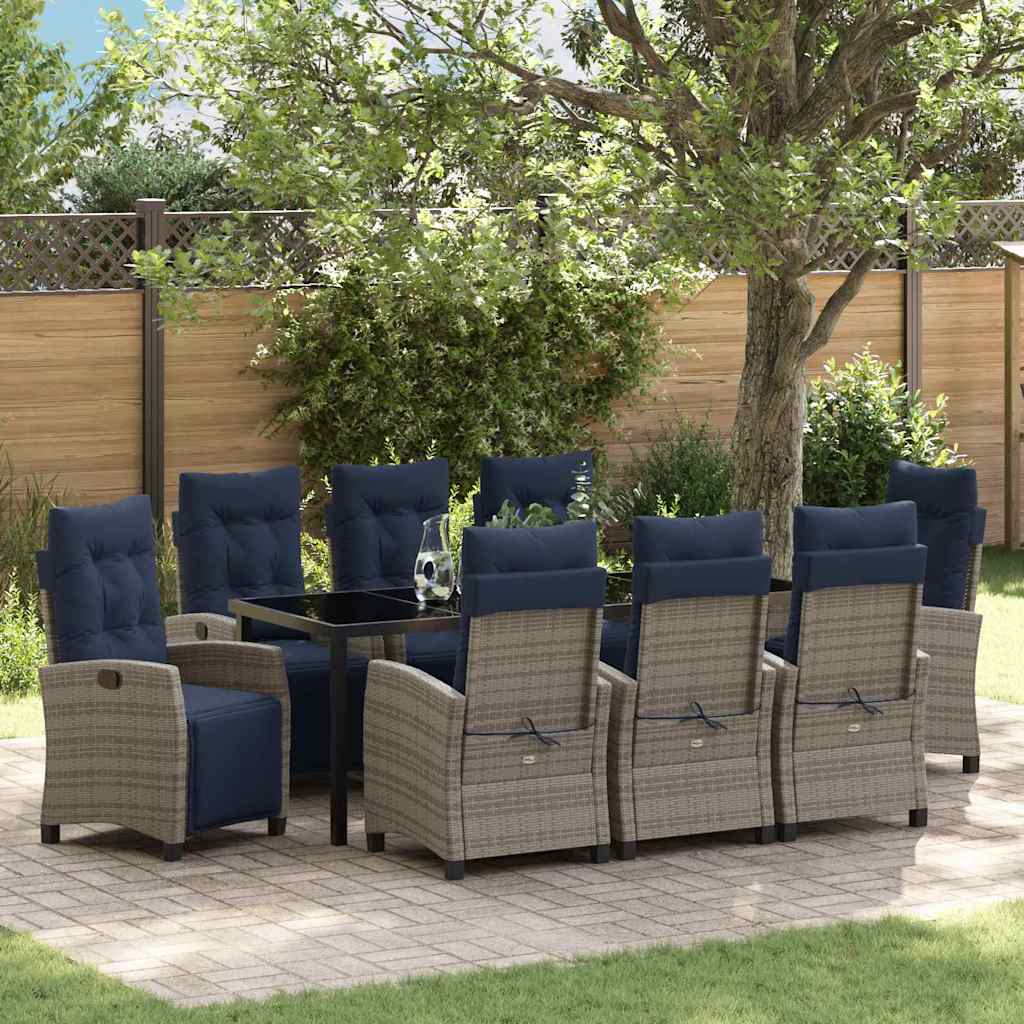 Garden Dining Set with Cushion 9 pcs Grey Poly Rattan