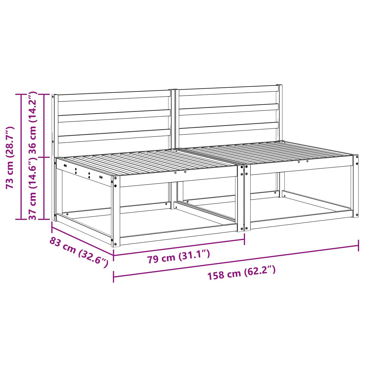 2 Piece Outdoor Middle Sofa Solid Acacia Wood Natural