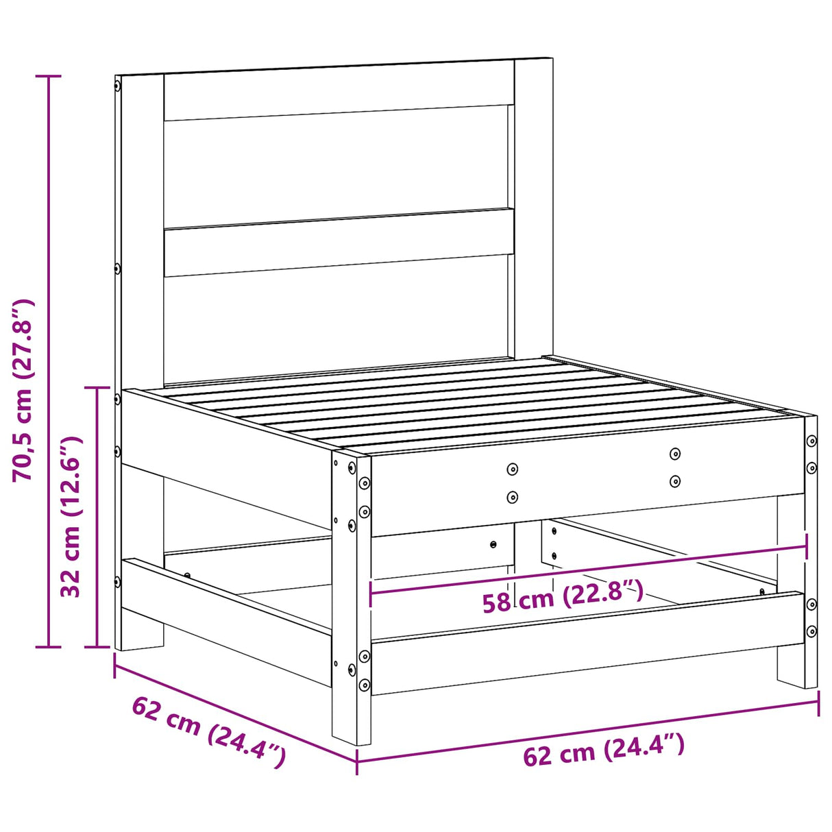 Garden Middle Sofa Solid Pine Wood Wax Brown 62 x 62 x 70.5 cm