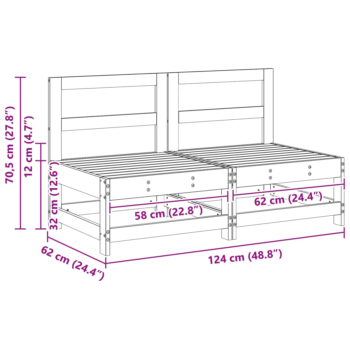 Garden Middle Sofa Solid Pine Wood Wax Brown 124 x 62 x 70.5 cm