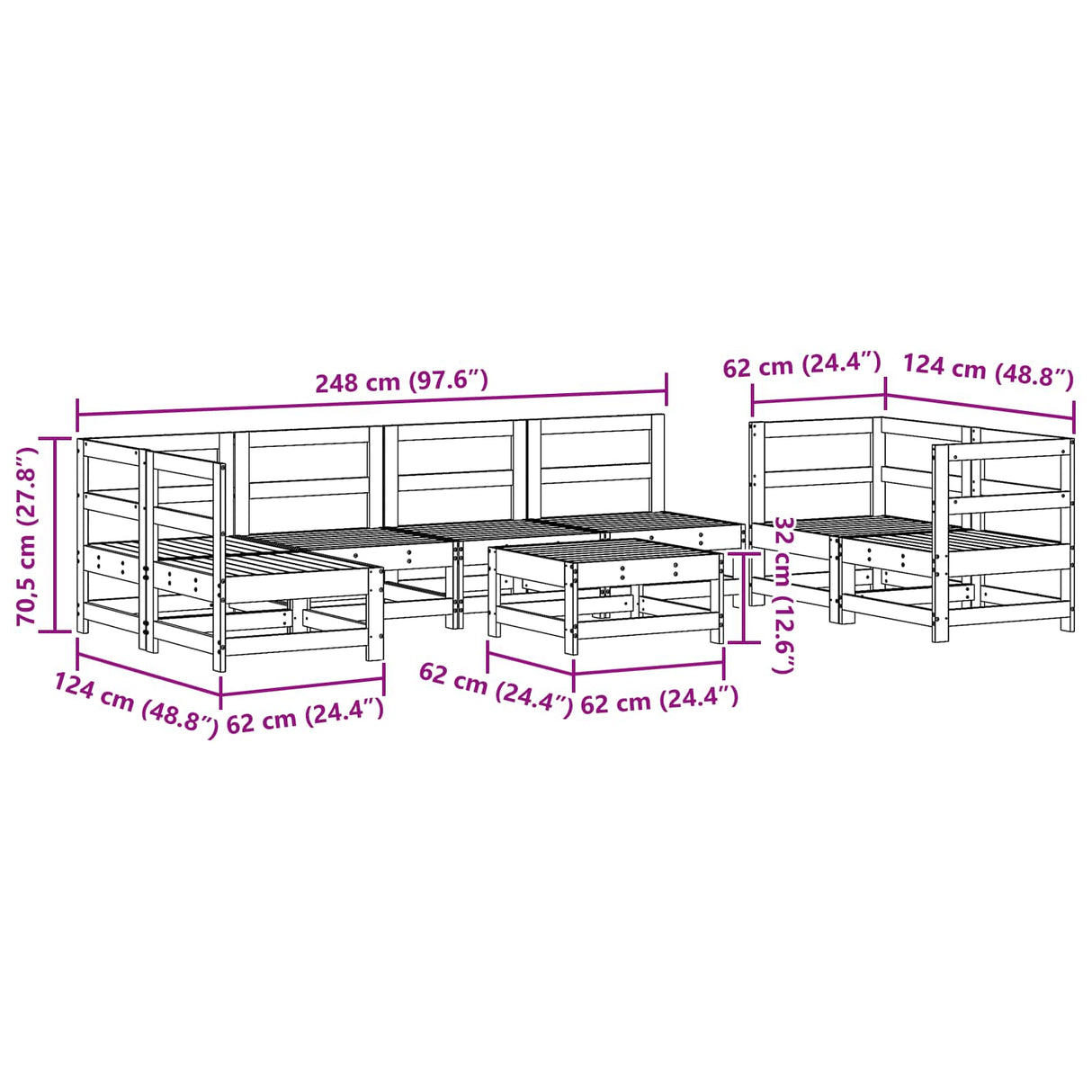 Garden Lounge Set 8 pcs Wax Brown Solid Pine Wood