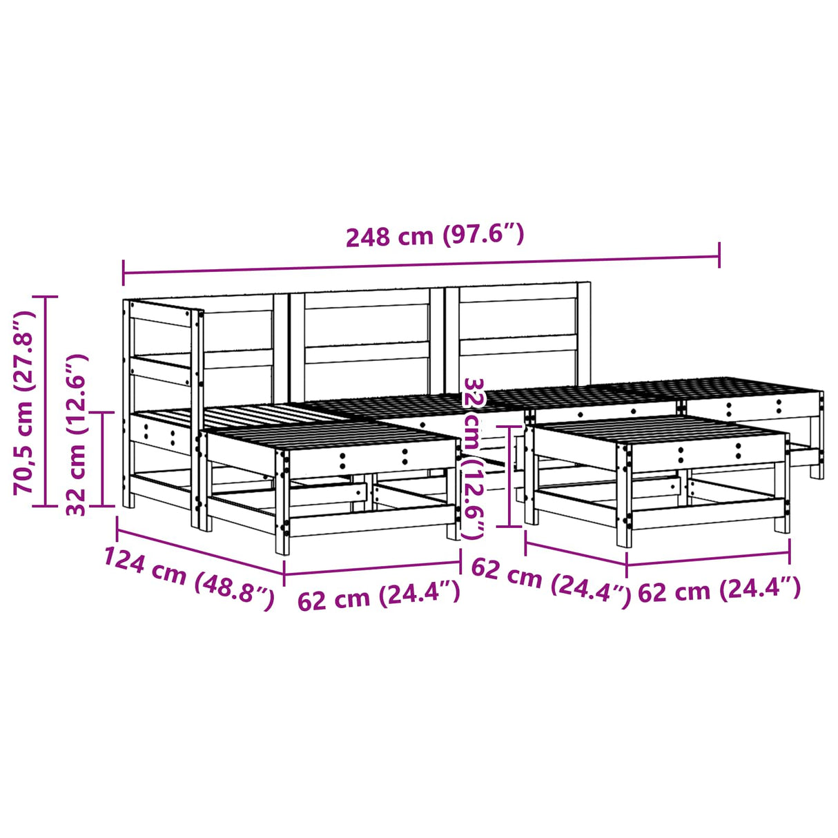 Garden Lounge Set 6 pcs Wax Brown Solid Pine Wood