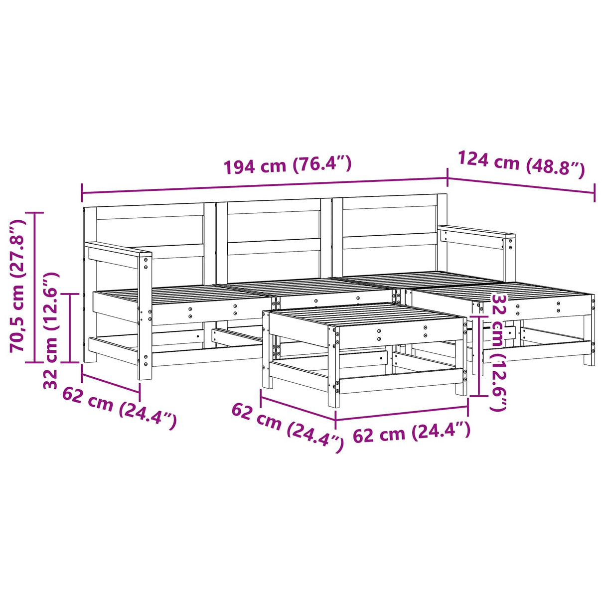 Garden Lounge Set 5 pcs Wax Brown Solid Pine Wood