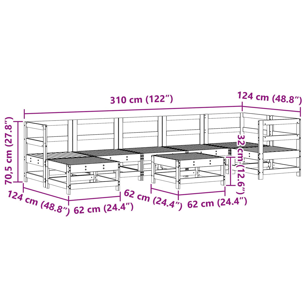 Garden Lounge Set 8 pcs Wax Brown Solid Pine Wood