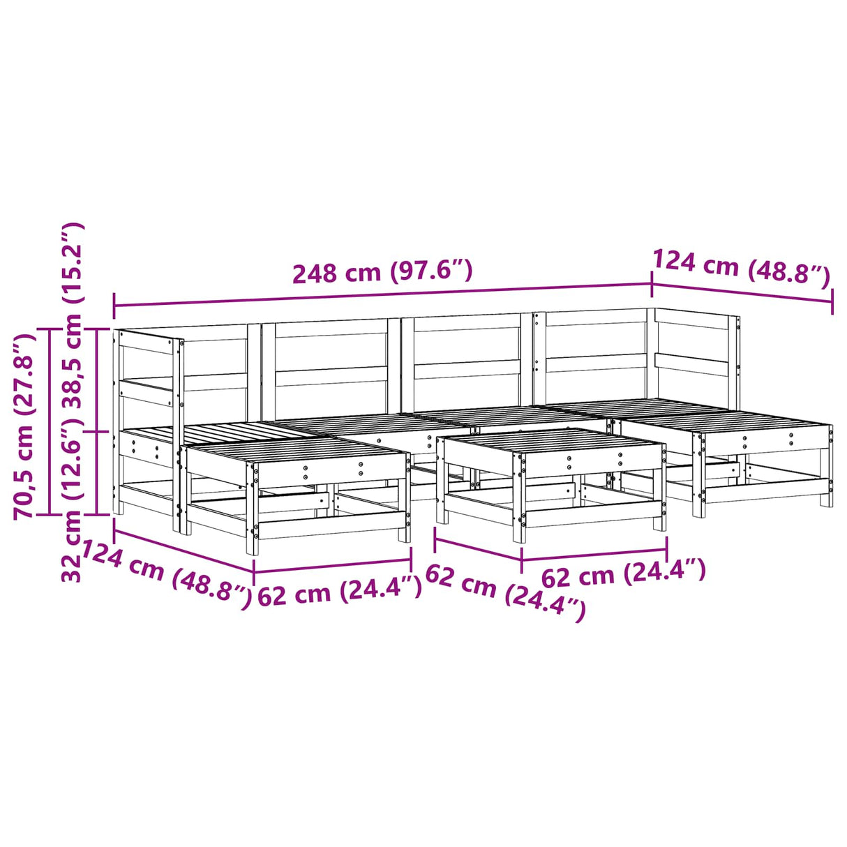 Garden Lounge Set 7 pcs Wax Brown Solid Pine Wood