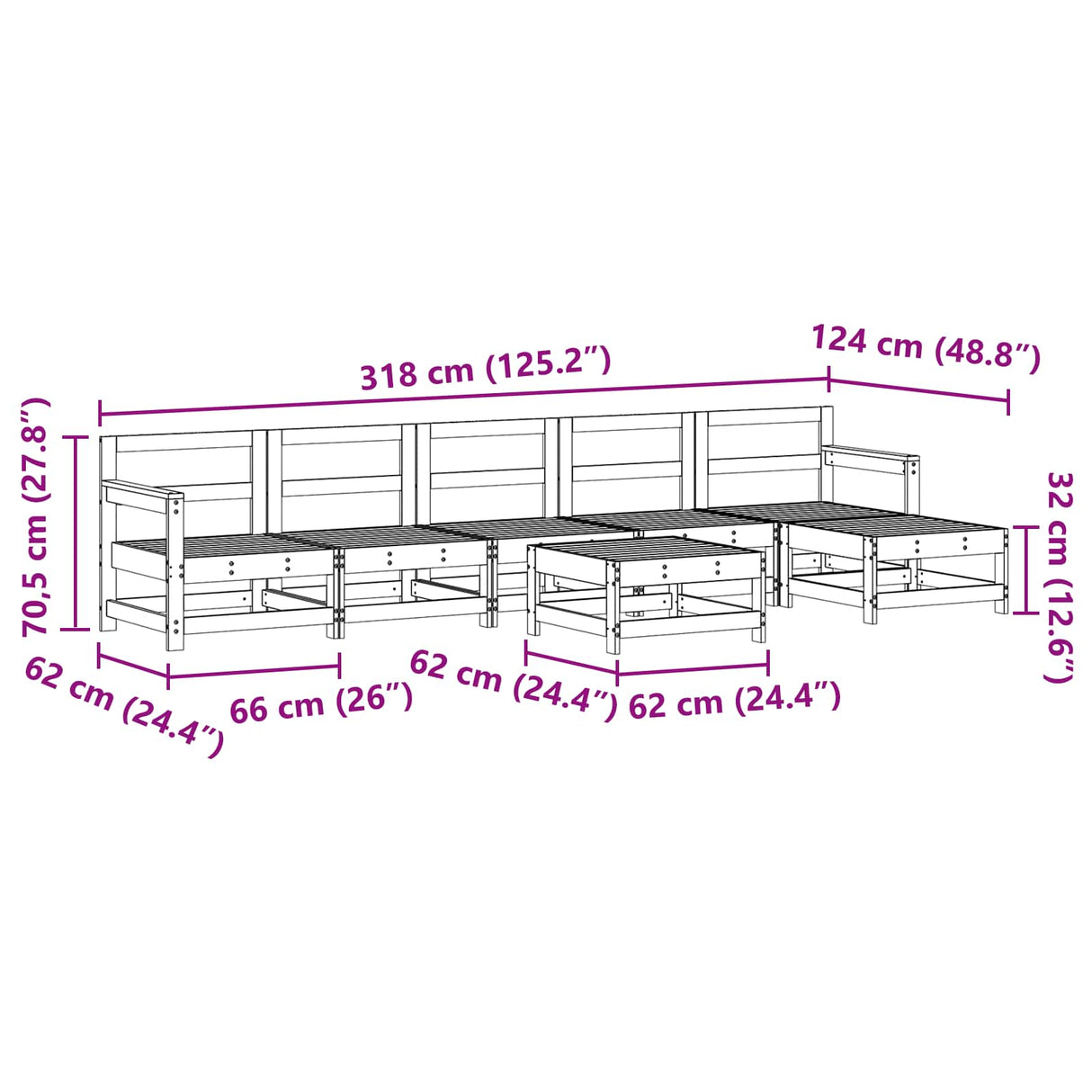 Garden Lounge Set 6 pcs Wax Brown Solid Pine Wood