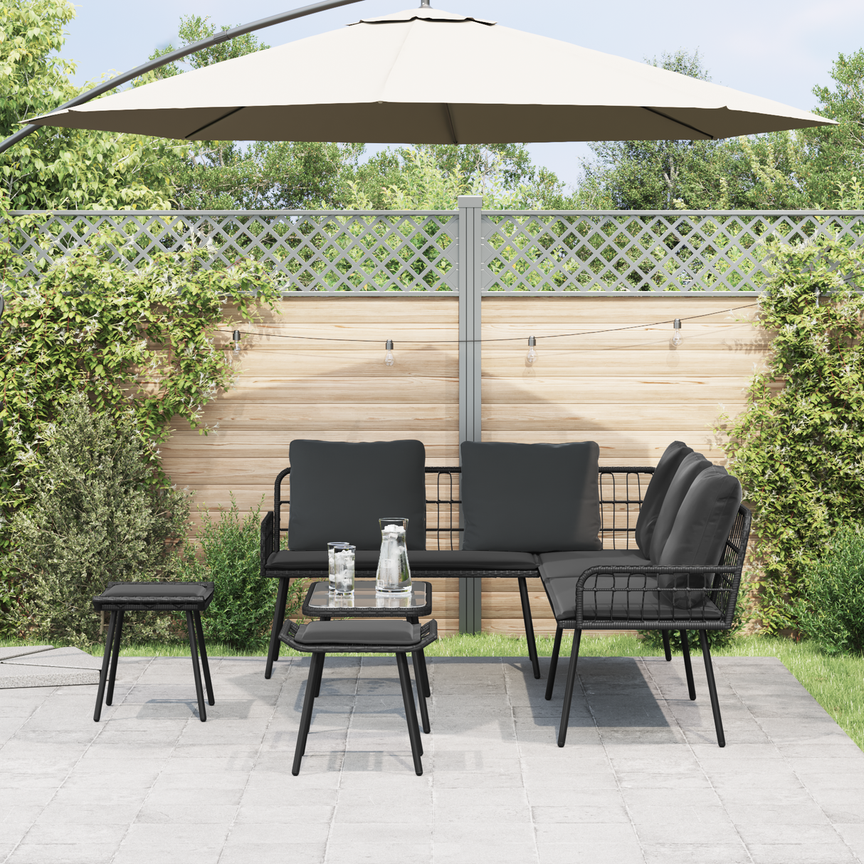 4 Piece Garden Sofa Set with Cushions Black Poly Rattan