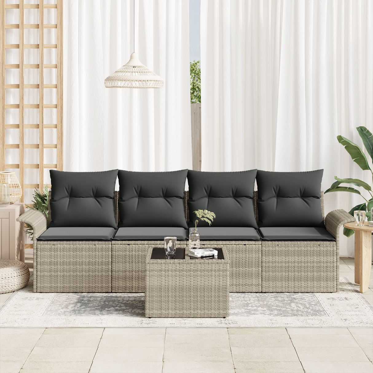 5 Piece Garden Sofa Set with Cushions Light Grey Poly Rattan