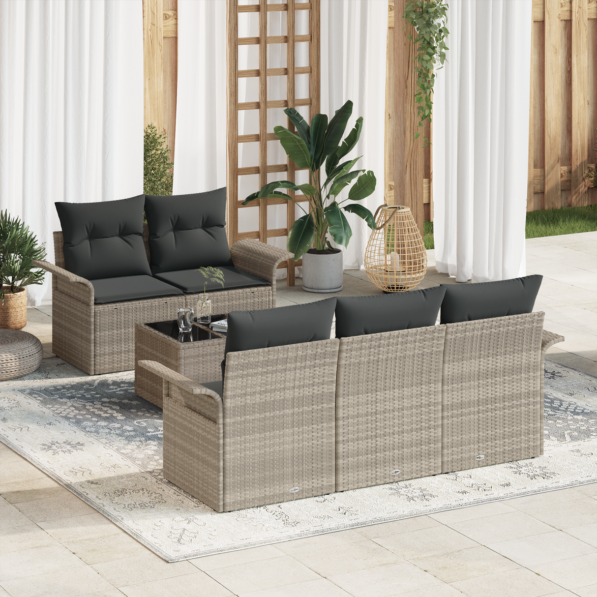 6 Piece Garden Sofa Set with Cushions Light Grey Poly Rattan