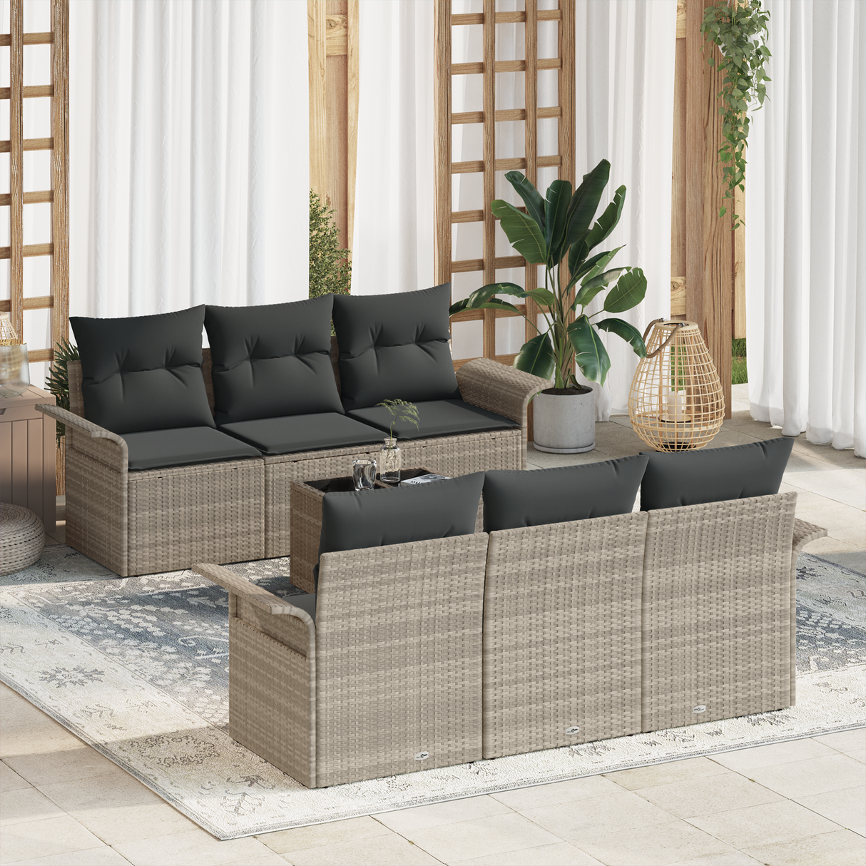 7 Piece Garden Sofa Set with Cushions Light Grey Poly Rattan