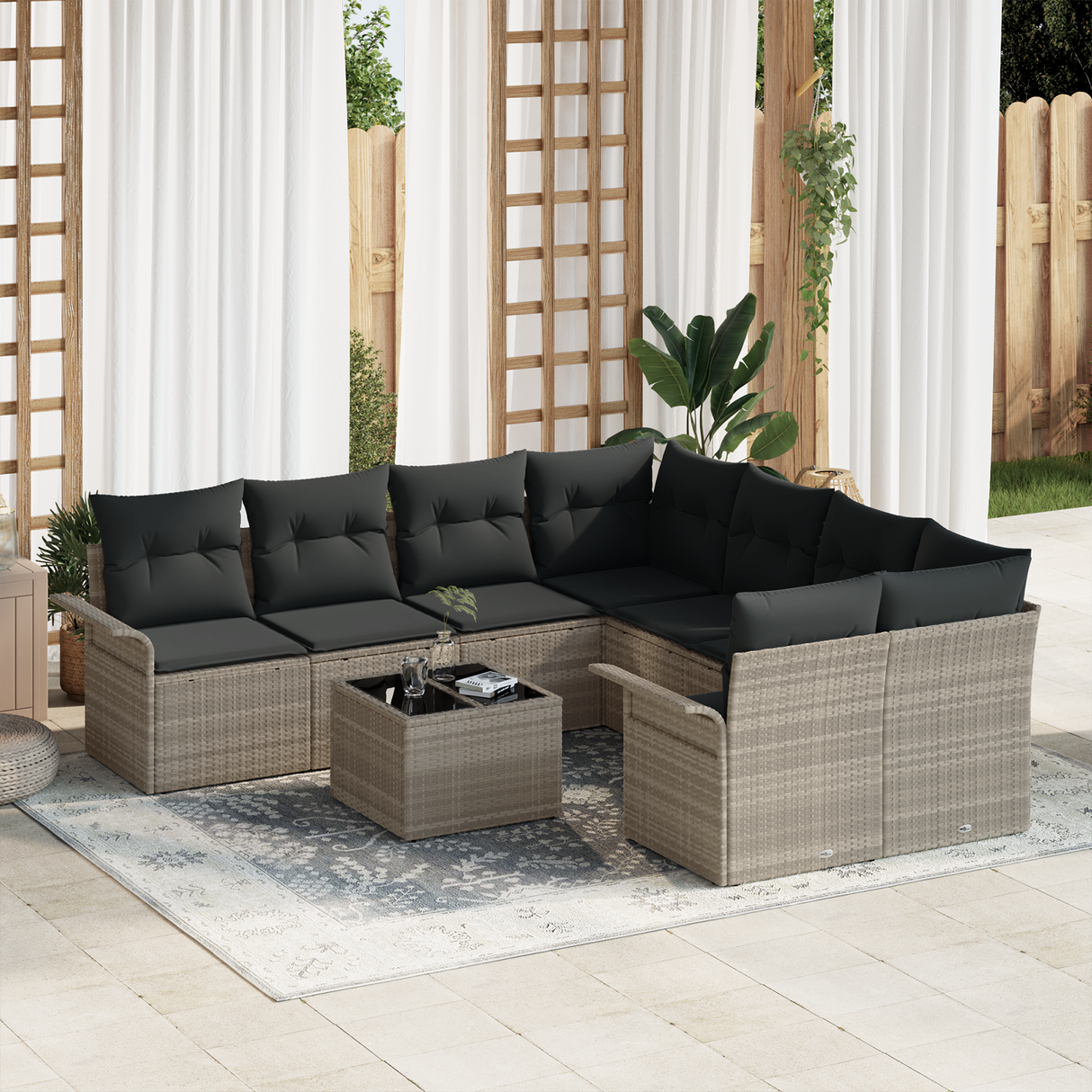 9 Piece Garden Sofa Set with Cushions Light Grey Poly Rattan