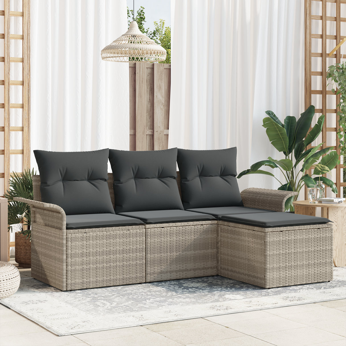 4 Piece Garden Sofa Set with Cushions Light Grey Poly Rattan