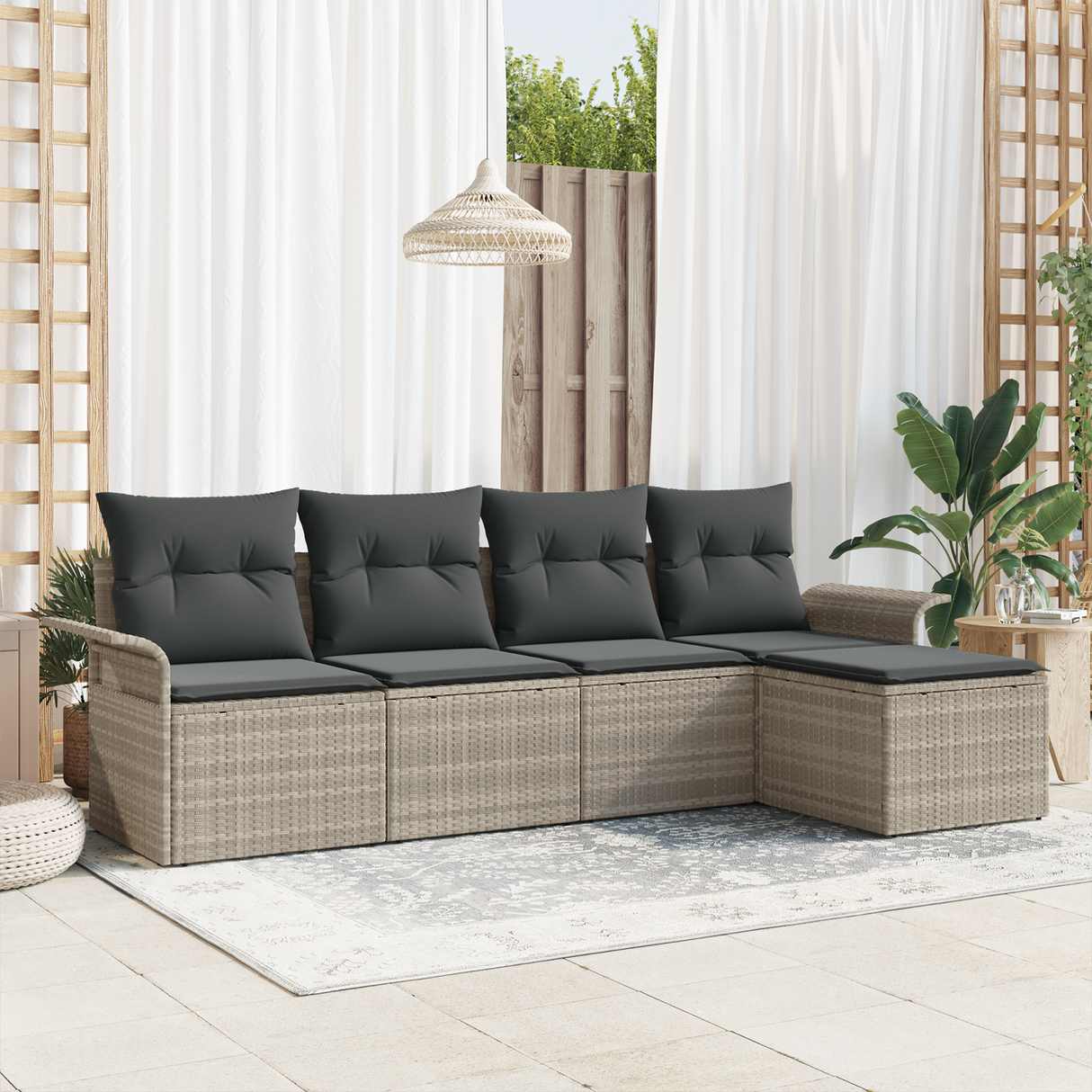5 Piece Garden Sofa Set with Cushions Light Grey Poly Rattan
