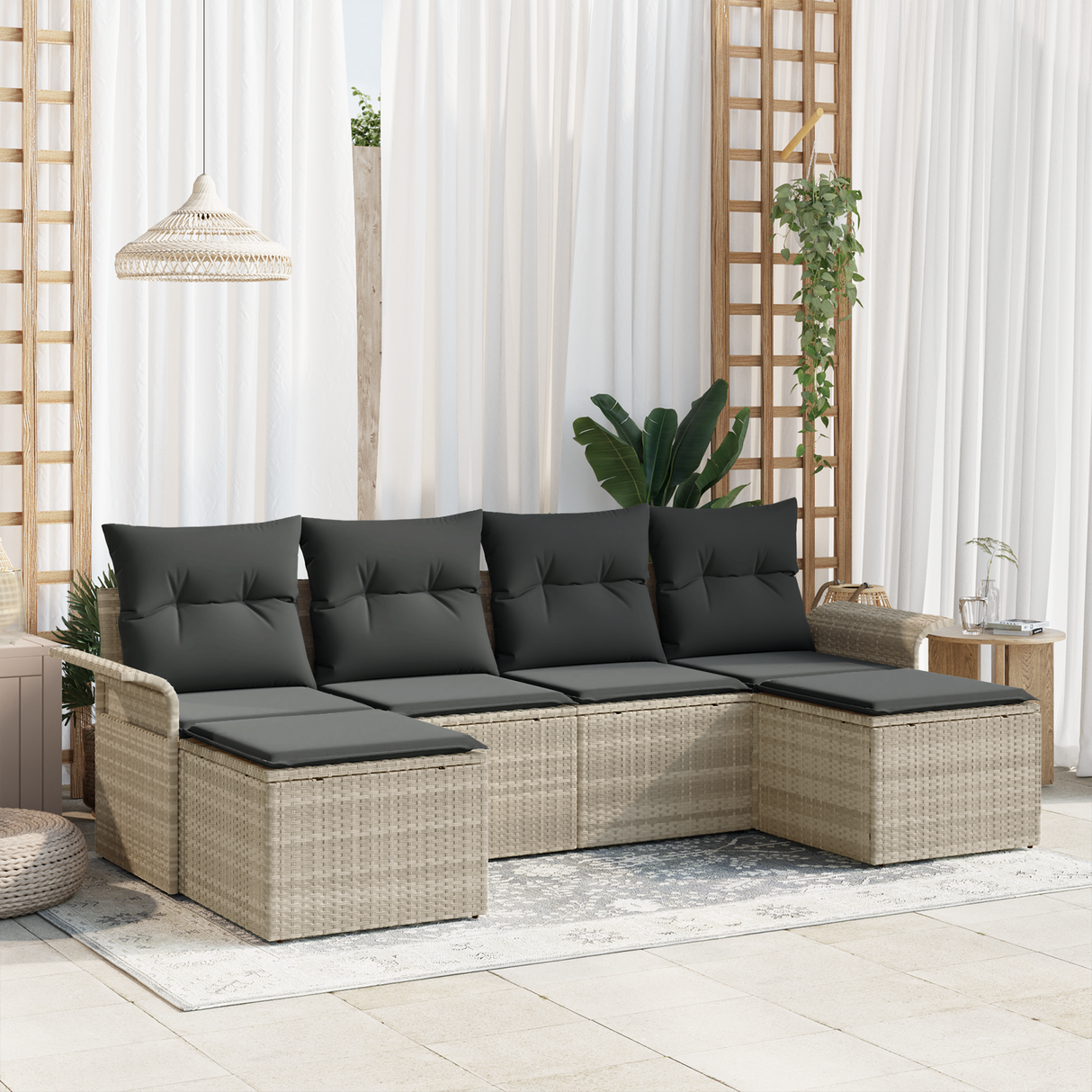 6 Piece Garden Sofa Set with Cushions Light Grey Poly Rattan