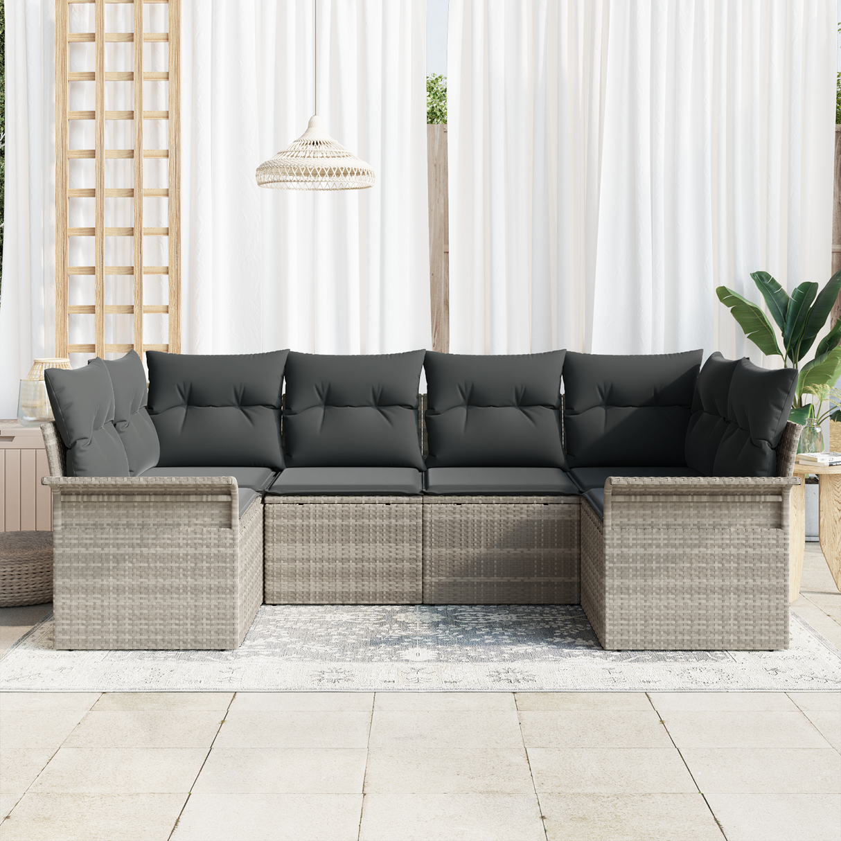 6 Piece Garden Sofa Set with Cushions Light Grey Poly Rattan