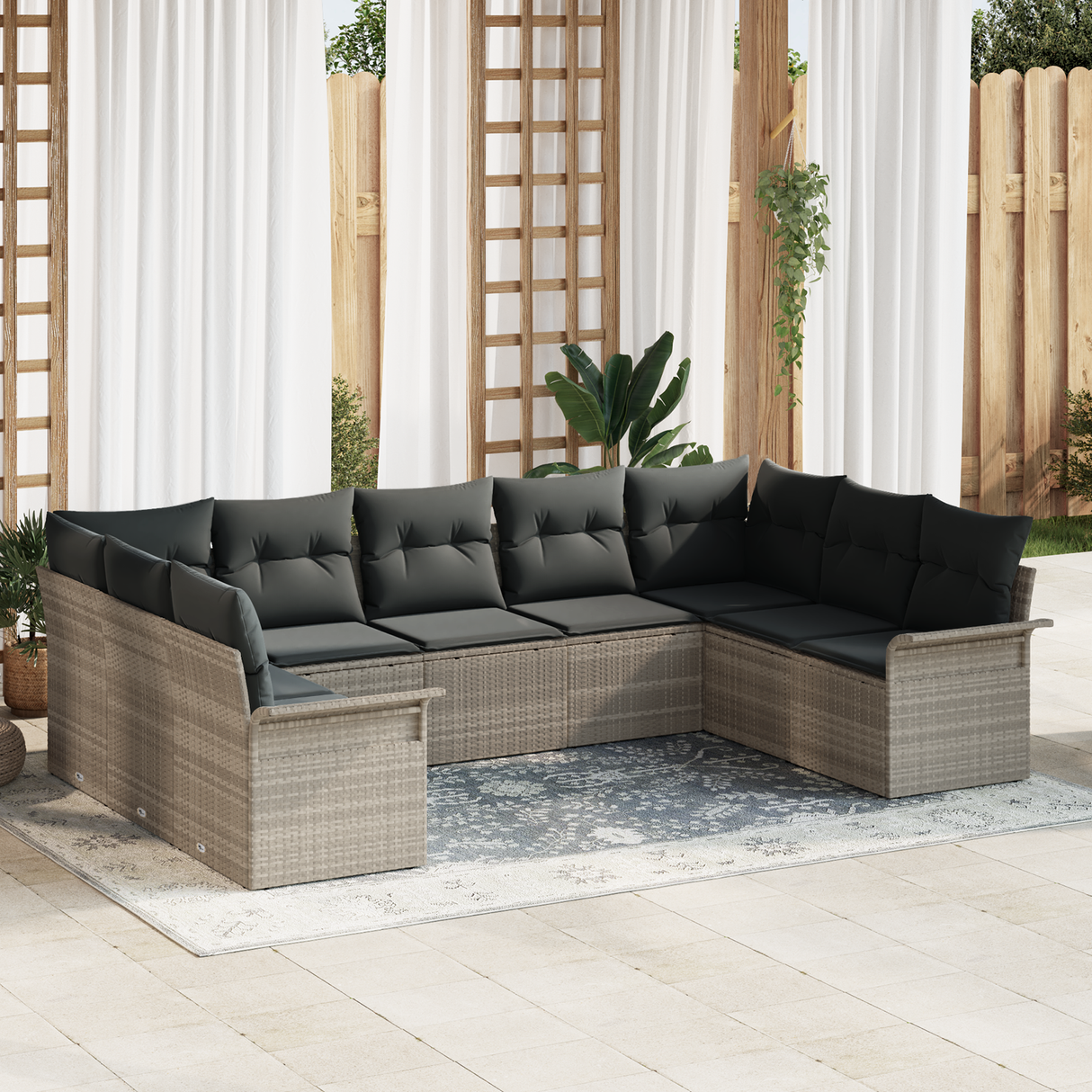 9 Piece Garden Sofa Set with Cushions Light Grey Poly Rattan