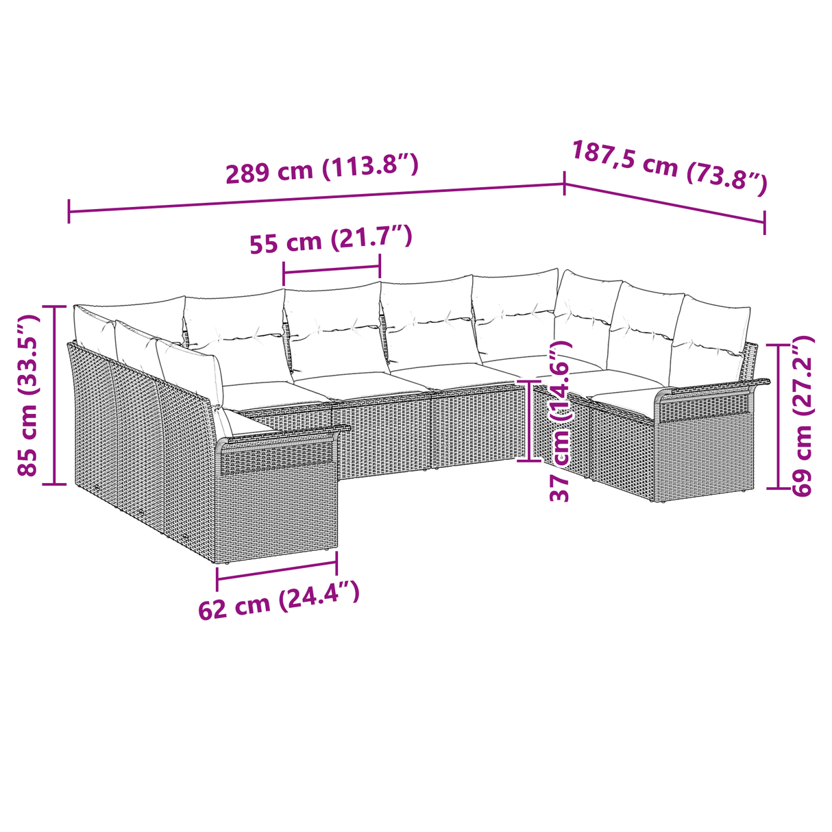9 Piece Garden Sofa Set with Cushions Light Grey Poly Rattan