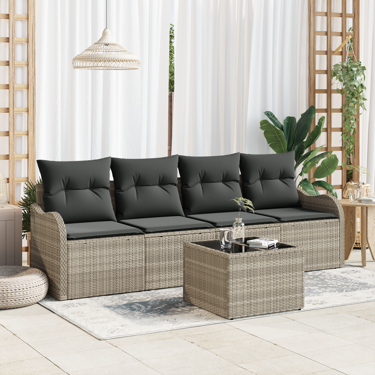 5 Piece Garden Sofa Set with Cushions Light Grey Poly Rattan