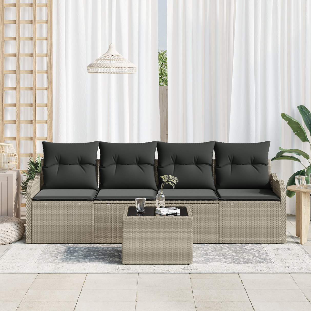 5 Piece Garden Sofa Set with Cushions Light Grey Poly Rattan