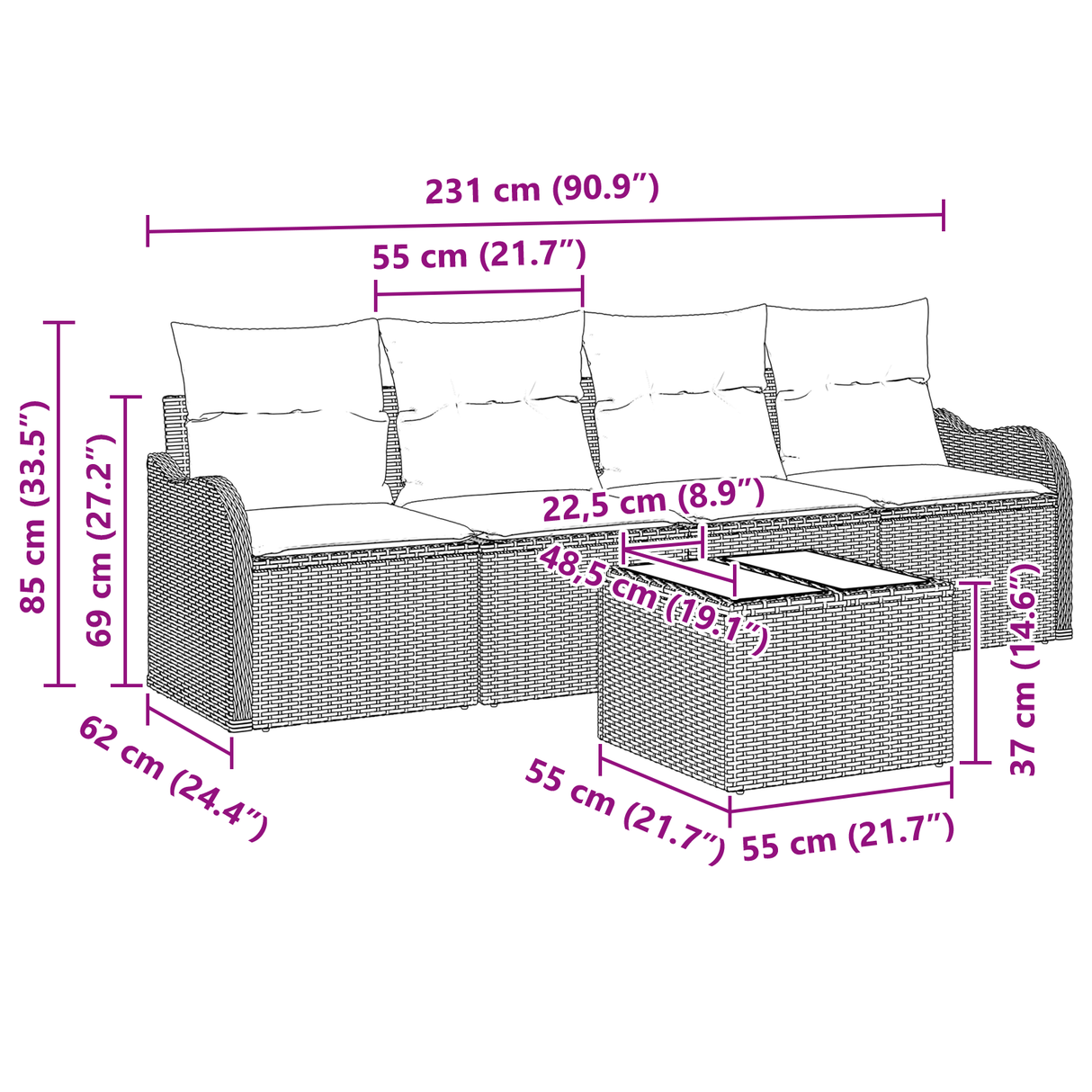 5 Piece Garden Sofa Set with Cushions Light Grey Poly Rattan