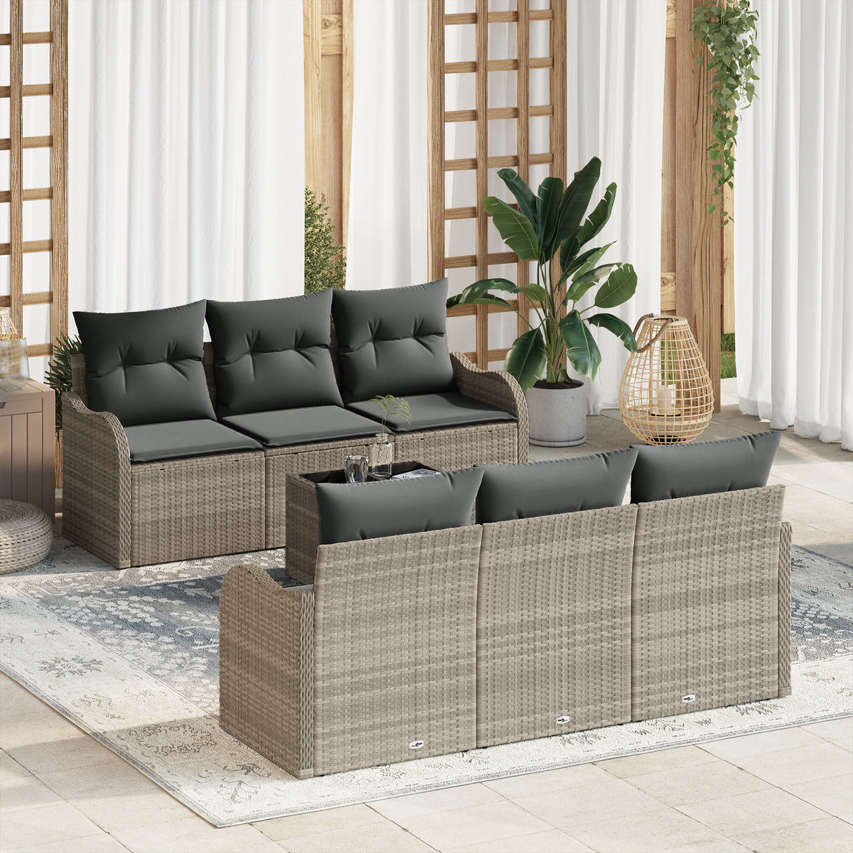 7 Piece Garden Sofa Set with Cushions Light Grey Poly Rattan