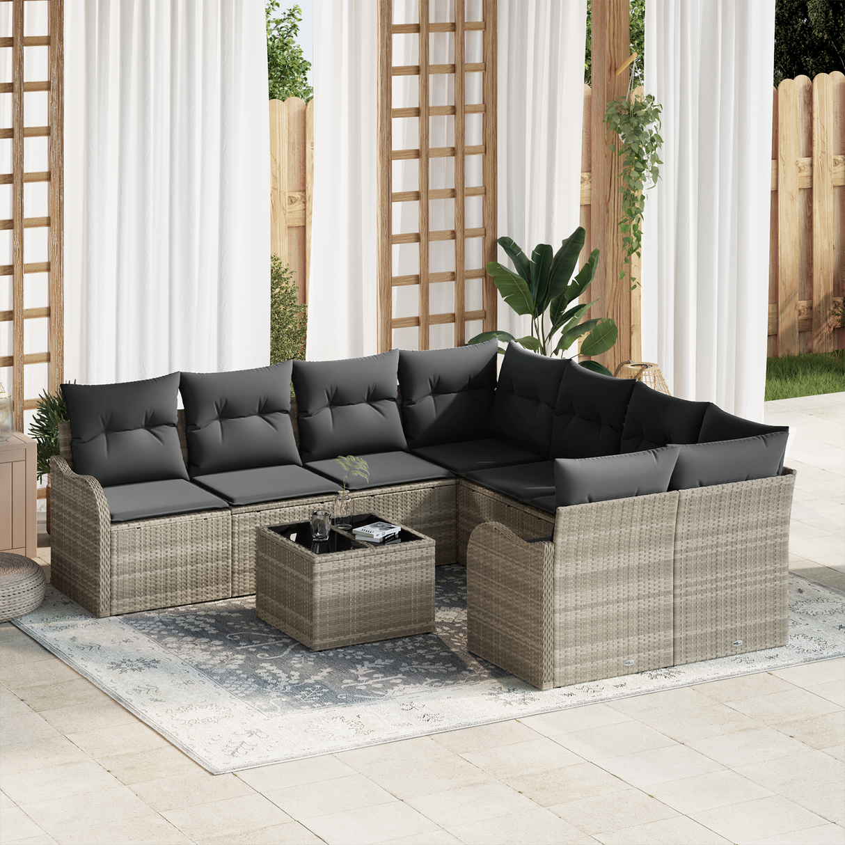 9 Piece Garden Sofa Set with Cushions Light Grey Poly Rattan