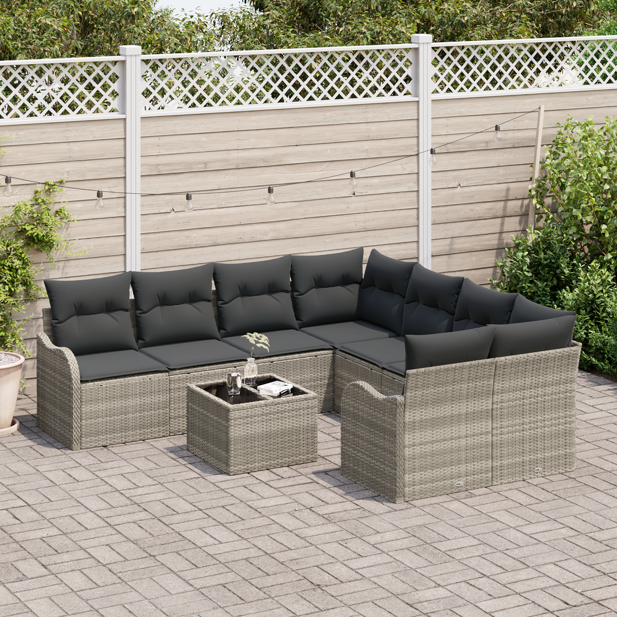 9 Piece Garden Sofa Set with Cushions Light Grey Poly Rattan