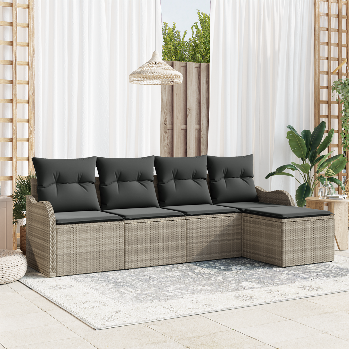 5 Piece Garden Sofa Set with Cushions Light Grey Poly Rattan