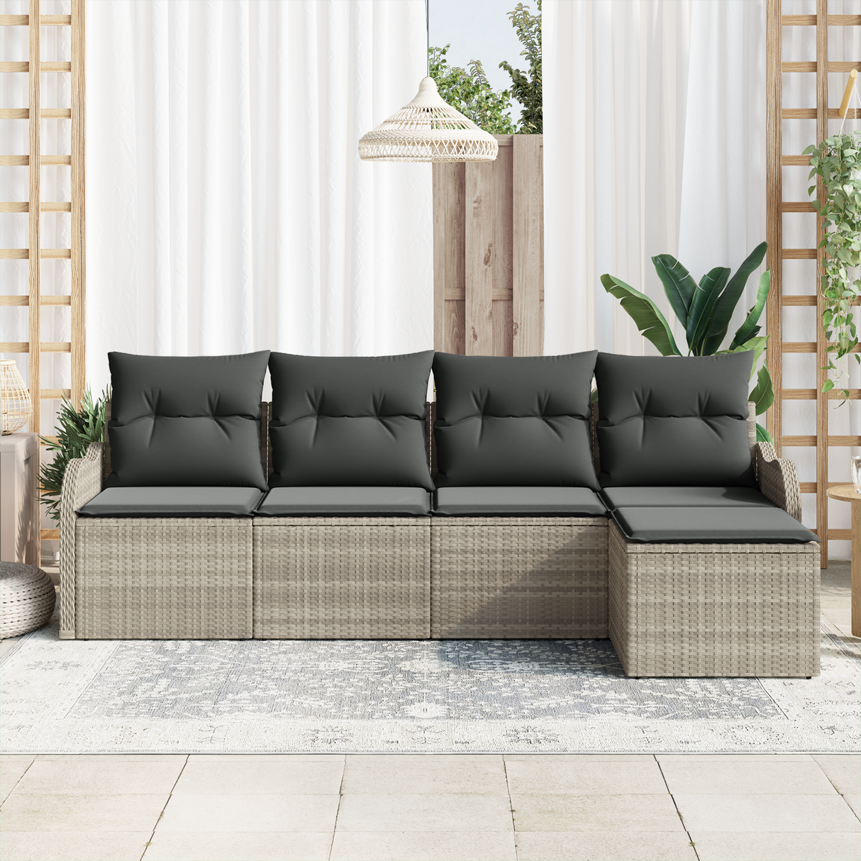 5 Piece Garden Sofa Set with Cushions Light Grey Poly Rattan