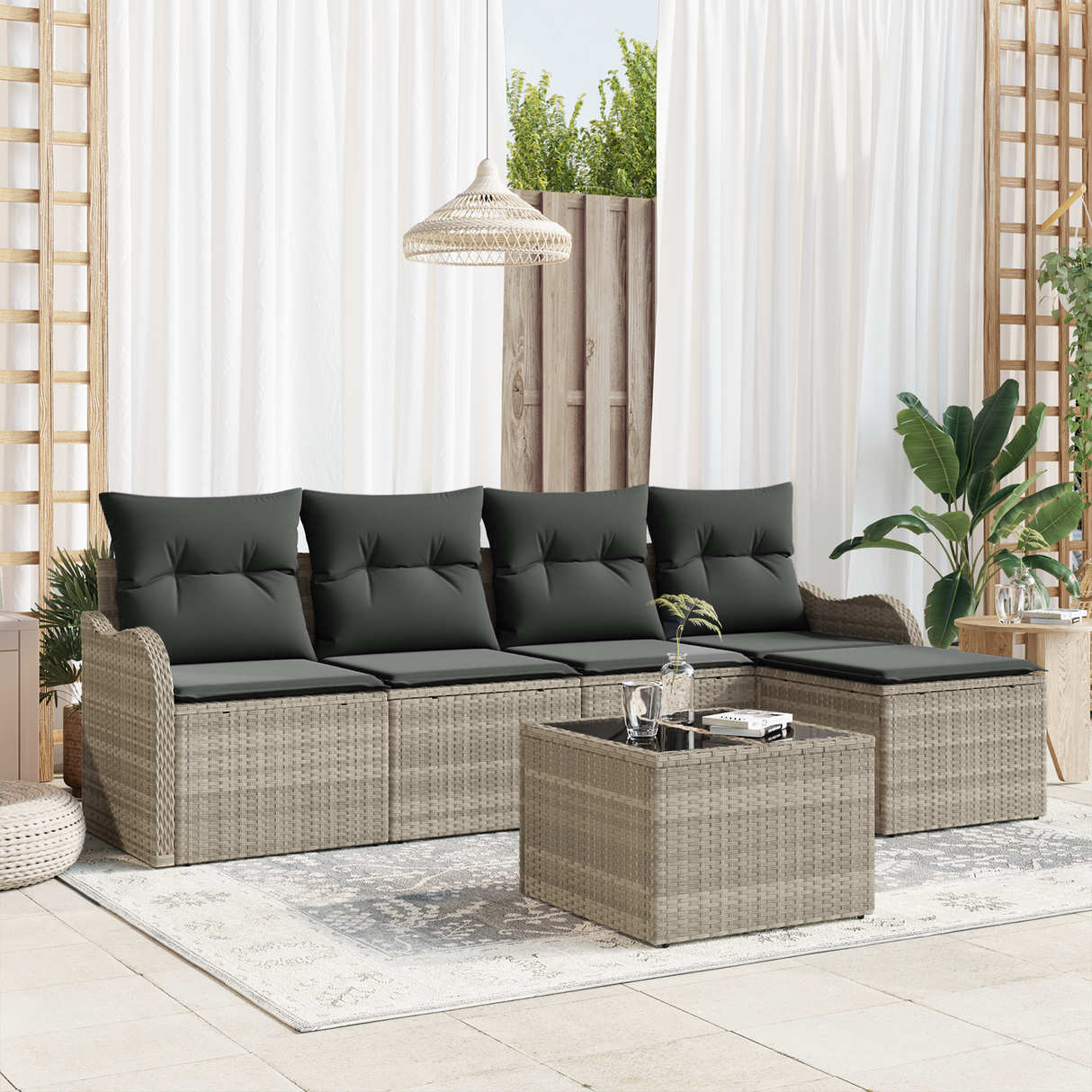 6 Piece Garden Sofa Set with Cushions Grey Poly Rattan