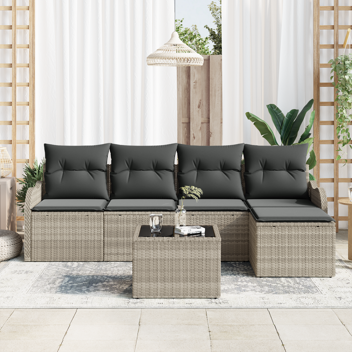 6 Piece Garden Sofa Set with Cushions Grey Poly Rattan
