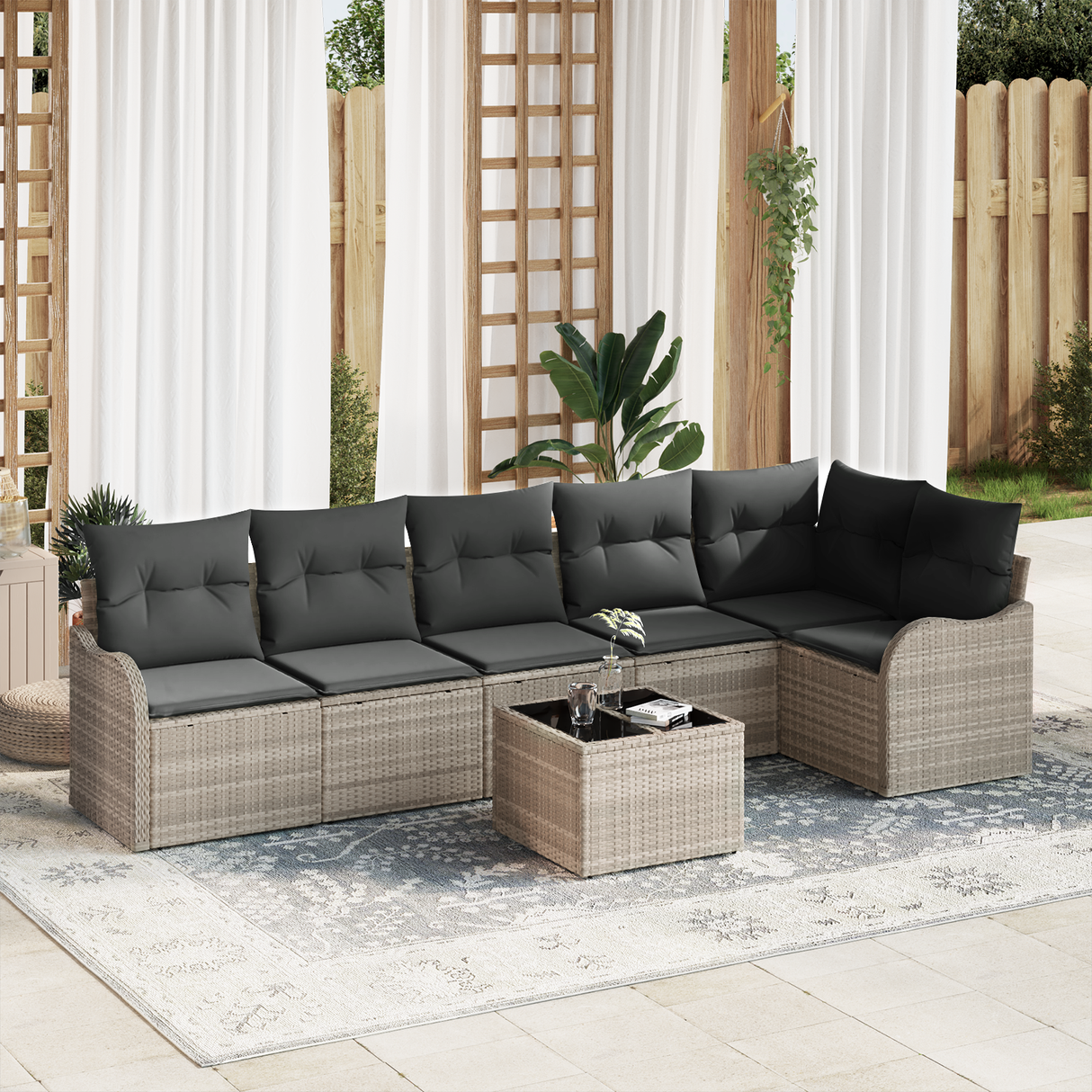 7 Piece Garden Sofa Set with Cushions Grey Poly Rattan