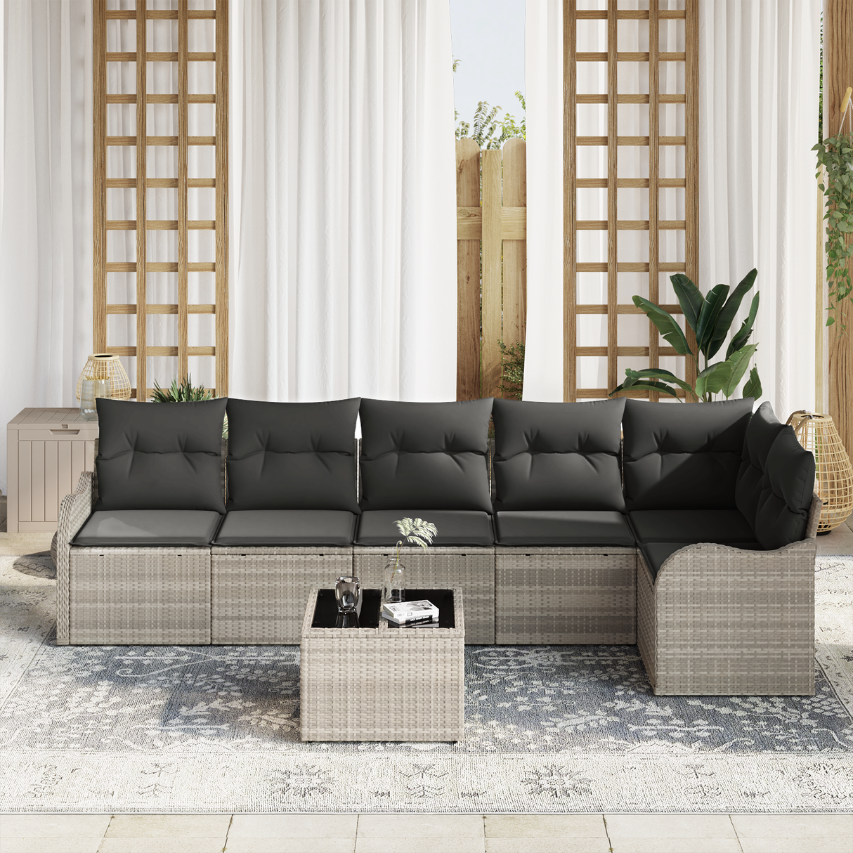 7 Piece Garden Sofa Set with Cushions Grey Poly Rattan