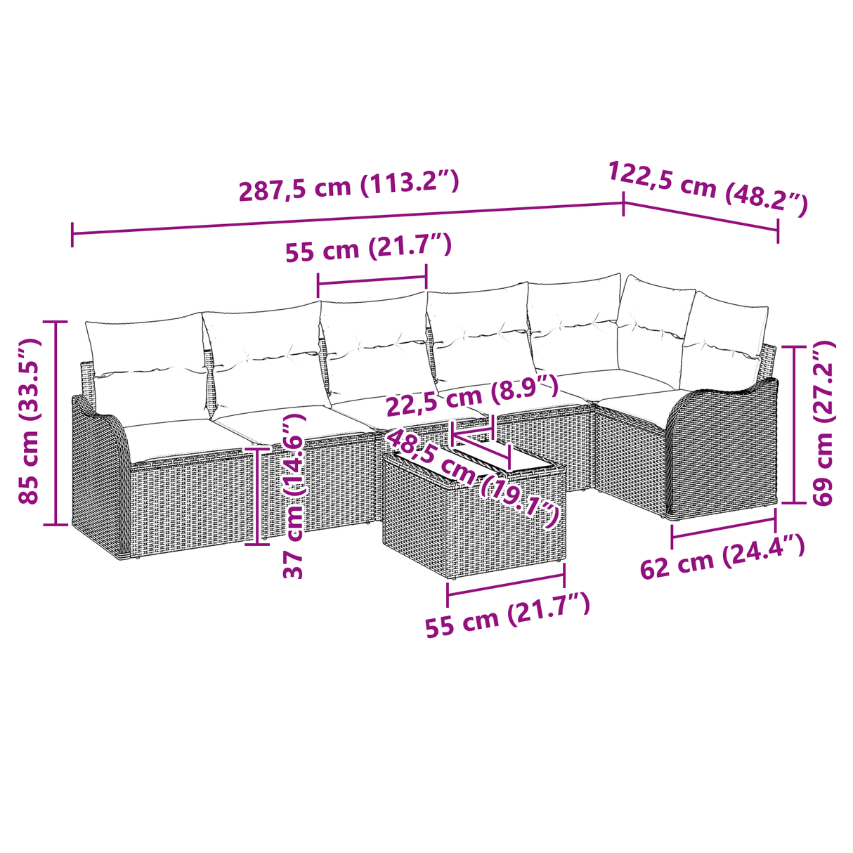 7 Piece Garden Sofa Set with Cushions Grey Poly Rattan