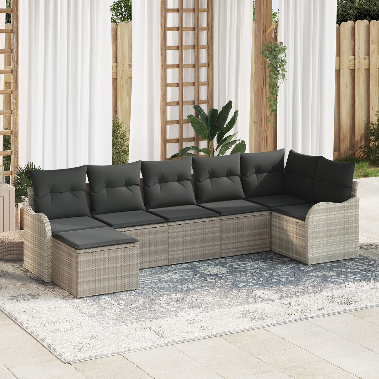 7 Piece Garden Sofa Set with Cushions Light Grey Poly Rattan