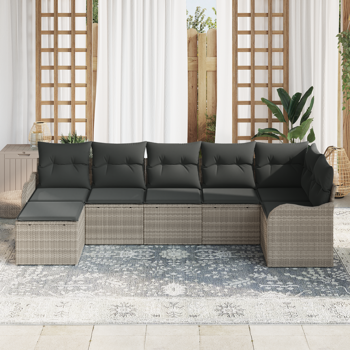 7 Piece Garden Sofa Set with Cushions Light Grey Poly Rattan