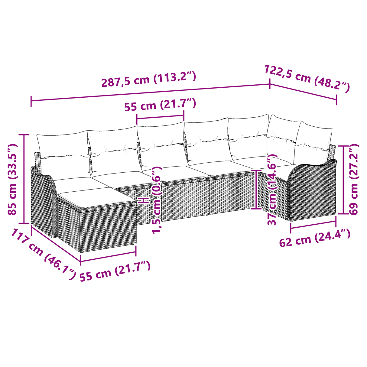 7 Piece Garden Sofa Set with Cushions Light Grey Poly Rattan